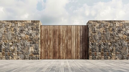 Wide automatic sliding gate made of planks with remote control, installed in high stone fence wall. Security, protection, privacy concept for automated property. Modern, electrical design, closed