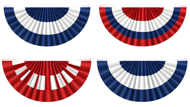 Four patriotic pleated fabric buntings in red, white, and blue colors, fan-shaped for festive decorations.