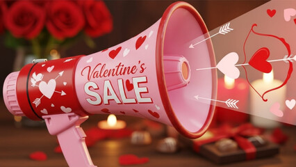 A pink and red megaphone adorned with hearts, announcing a "Valentine's SALE" with cupid's arrows and hearts emanating from it, set against a romantic backdrop.