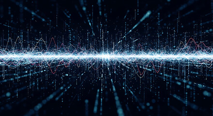 Abstract digital landscape with glowing lines and particles against a dark background design