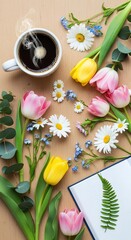 Overhead view of a cup of steaming coffee surrounded by colorful flowers, greenery, and a sketchbook on a wooden surface with a warm and inviting mood.