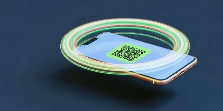 Modern Fintech Cashless Payment System High-Quality Smartphone QR Code with Futuristic Neon Rings for Professional Marketing Content - Powered by Adobe