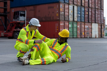 Injured industrial worker receiving help after accident at freight container yard. Safety issue, occupational hazard, emergency response, workplace injury, and industrial accident prevention.