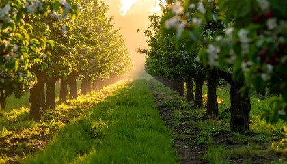 Rows of Apple Trees in an Orchard During Golden Hour Sunrise.