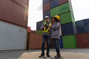 Two logistics workers discussing freight operation using digital tablet at container yard. Professional teamwork in warehouse management, cargo logistics, international shipping and export.