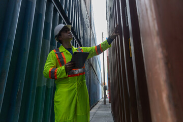 Asian logistics man worker in safety uniform inspecting cargo container with digital tablet at the shipping yard. Professional freight management, international trade and export import concept.