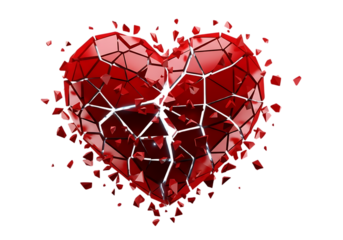 Broken red heart shattered into pieces isolated on transparent background