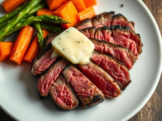 Sliced steak with creamy sauce and vegetables