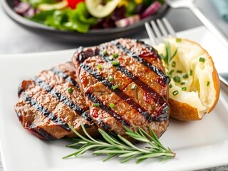 Grilled steak with rosemary and baked potato