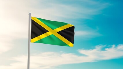 Jamaican flag waving in the sky on a cloudy day