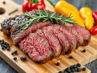 Sliced steak with rosemary and peppers