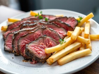 Sliced steak with french fries