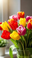 Vibrant bouquet of multicolored tulips in a green glass vase on a windowsill with natural light.