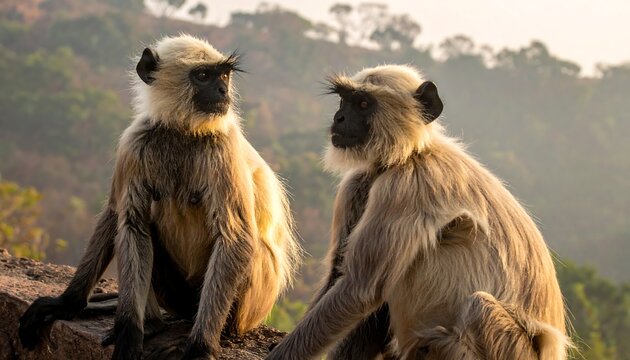 Two Gray Langur Monkeys Sitting Together Outdoors.