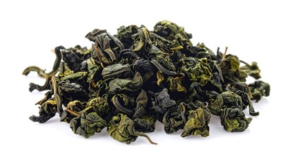 Pile of Dried Green Tea Leaves Isolated on White Background.