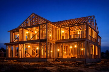 House under construction at dusk with illuminated wooden frame
