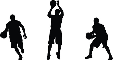 Basketball player silhouettes set dribbling passing shooting poses, dynamic sports action collection, athletic men vector illustration isolated white background © Afsana Creatives
