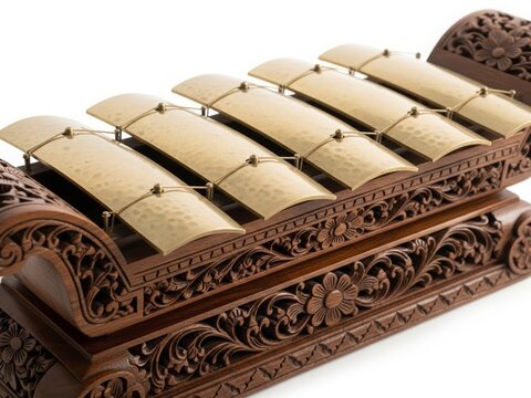 Close up of Javanese saron traditional musical instrument, bronze keys and carved wooden frame, Indonesian cultural object