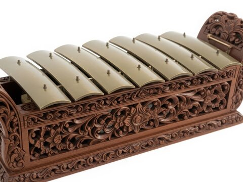 Close up of Javanese saron traditional musical instrument, bronze keys and carved wooden frame, Indonesian cultural object