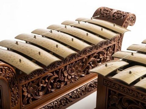 Close up of Javanese saron traditional musical instrument, bronze keys and carved wooden frame, Indonesian cultural object