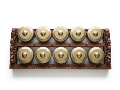 Javanese bonang traditional musical instrument, bronze gong pots arranged on wooden frame, Indonesian cultural heritage
