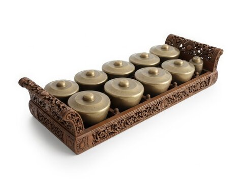 Javanese bonang traditional musical instrument, bronze gong pots arranged on wooden frame, Indonesian cultural heritage
