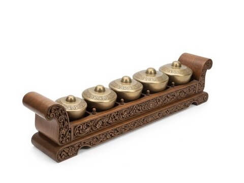Javanese bonang traditional musical instrument, bronze gong pots arranged on wooden frame, Indonesian cultural heritage