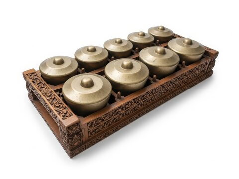 Javanese bonang traditional musical instrument, bronze gong pots arranged on wooden frame, Indonesian cultural heritage