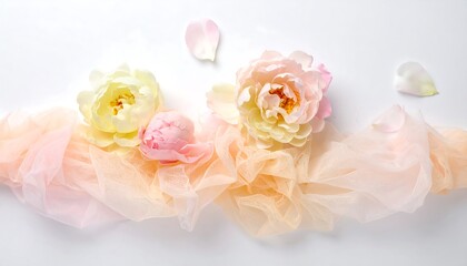 Delicate Pastel Roses and Petals on Soft Fabric.