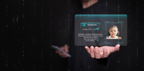 A man with smartphone using AI-powered deepfake detection technology to verify biometric identity. Authenticity, data integrity in facial recognition, security, digital identity verification system.