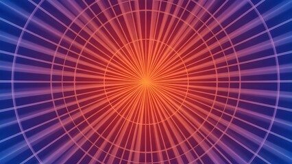 Ilustrasi abstrak geometris dengan garis radial dan lingkaran konsentris bergradasi oranye, merah, ungu, dan biru, menciptakan efek cahaya dinamis, futuristik, dan penuh energi.
