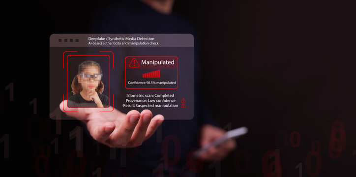 A man with smartphone uses AI-powered deepfake detection identifies manipulated media with high accuracy. Threats to digital identity, cybersecurity, and importance of secure biometric authentication - Powered by Adobe