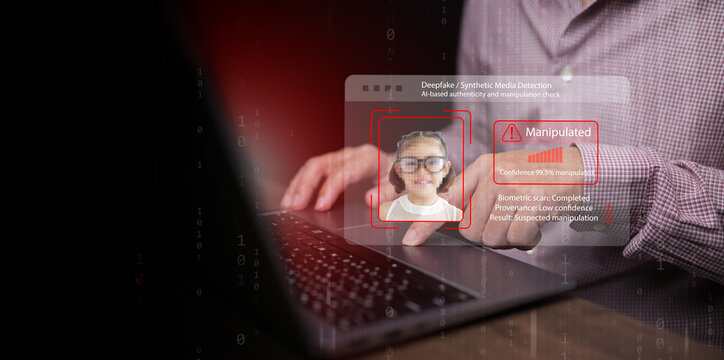 Man with laptop uses AI-based deepfake detection system to analyze manipulated facial data with high confidence. Digital security risks, importance of biometric verification, cyber protection system