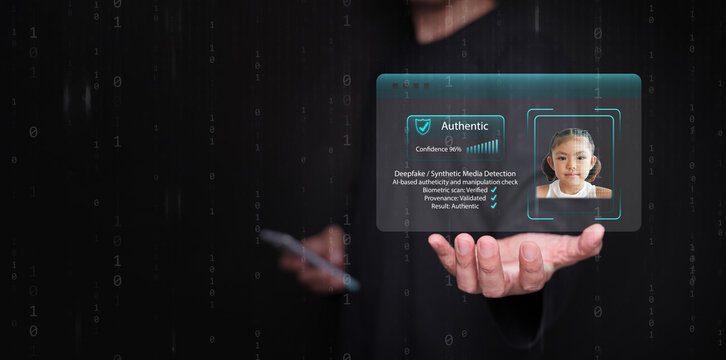 A man with smartphone using AI-powered deepfake detection technology to verify biometric identity. Authenticity, data integrity in facial recognition, security, digital identity verification system. - Powered by Adobe