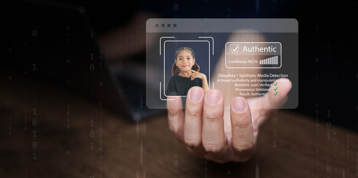 A man with laptop using facial recognition technology with AI deepfake detection to ensure biometric identity authentication, digital security, personal data verification, prevent cybersecurity fraud - Powered by Adobe