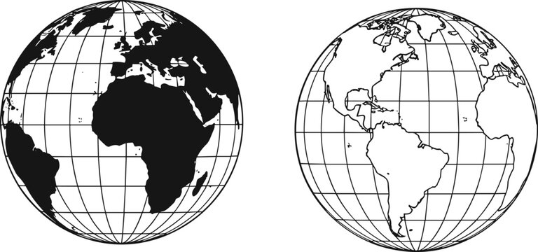 Global hemisphere icon set, black and white earth vector, geographic grid illustration, educational world map design, international geography concept art