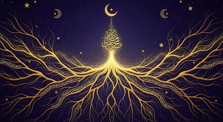 Abstract golden tree illustration against a dark blue night sky backdrop