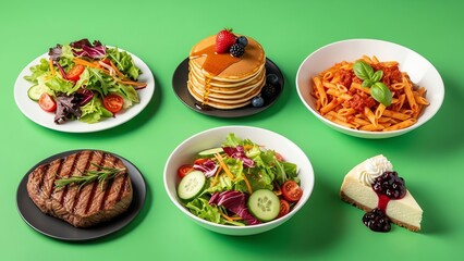 Flat lay of assorted dishes including salad, pancakes, pasta, steak, and cheese on a green background.