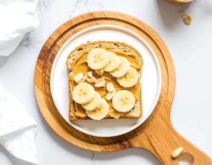 Delicious peanut butter banana toast on wooden plate