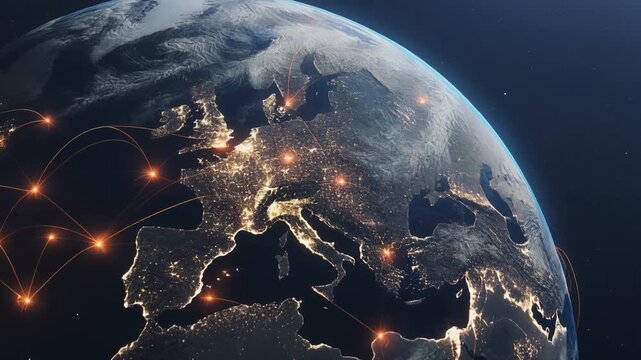 Digital Earth view highlighting illuminated cities and glowing network connections across Europe, Africa, and the Middle East.
