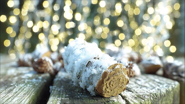 Rustic Aesthetic Snowy Christmas Cake on Wooden Table with Bokeh Lights