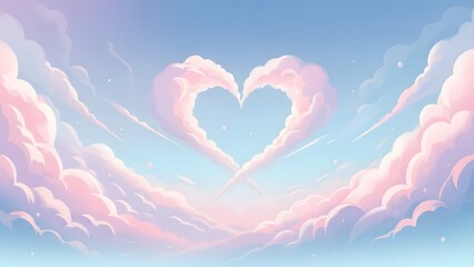 Heart shaped pink clouds in blue sky with soft white puffs