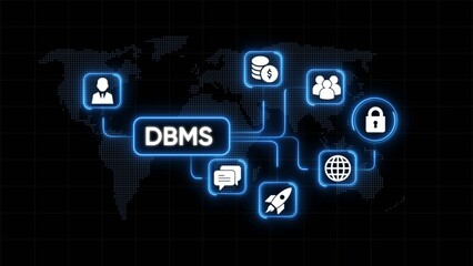 Database management system D B M S with glowing blue neon connections linking people money lock globe rocket chat on map background
