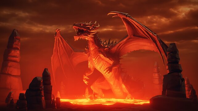 Silhouette Fire Breathing Dragon Big Wings Stock