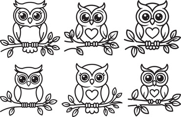 Set of Owl on Tree Branch with Leaves Line Art Coloring Book Page Outline Vector Illustration