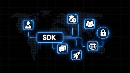 Software development kit connecting global business finance security communication and innovation on digital map with