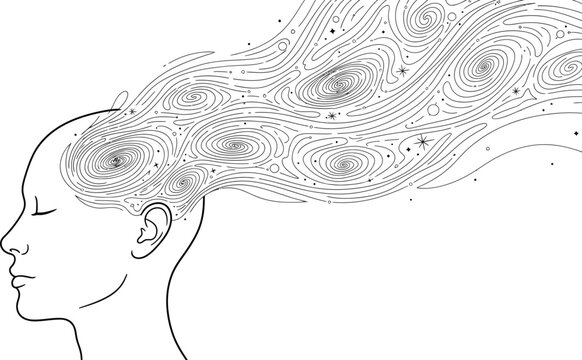 Minimalist line art drawing depicts a profile view of a human head with flowing hair transforming into cosmic galaxy spirals and stars