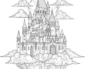 Naklejka premium Majestic fantasy castle perched high above the clouds in a dramatic scene perfect for coloring activities