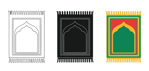 Islamic Prayer Rug Designs Vector Set in Three Styles &mdash; Line Art, Silhouette and Color Version for Islamic Design, App UI, Posters and Branding