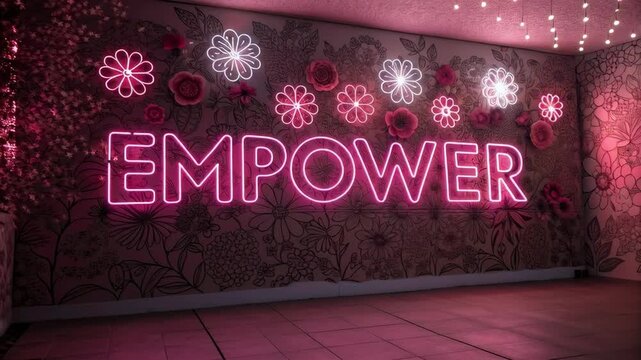 Empower neon sign pink flower wall art glowing inspiration motivational message floral mural